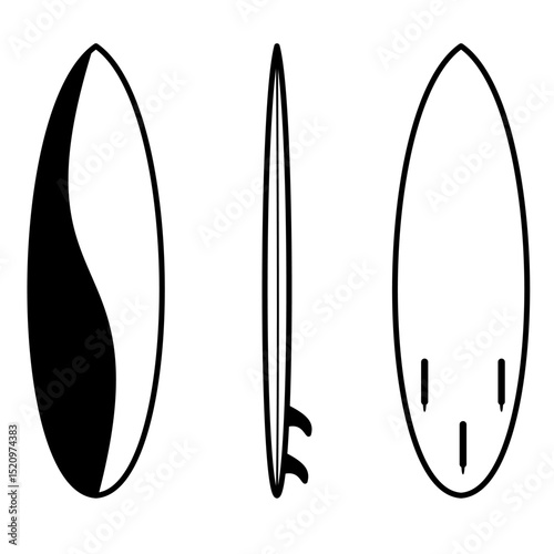 Vector Icon Red-blue surfboard with bold contrast tones,
visible from front, side, and back,
line art style