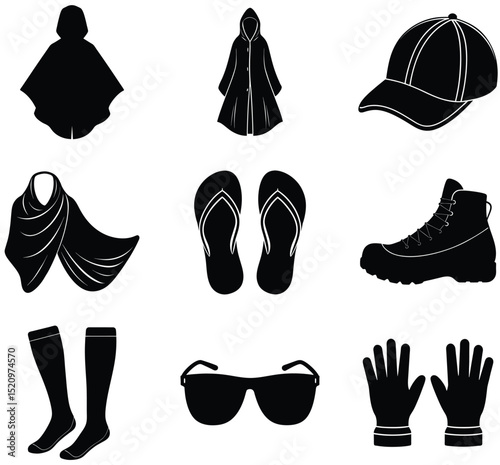 Clothing Accessories Set for Traveling Silhouette Vector  – Minimalist Black Icons of Hat, Scarf, Gloves, Belt, Sunglasses, and Travel Wear Essentials