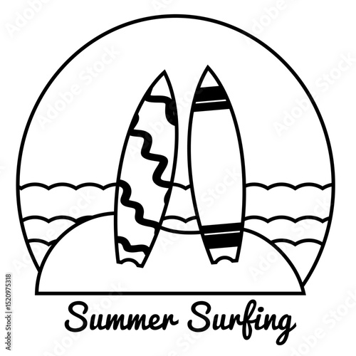 Vector Icon Two surfboards standing on a sand mound,
with ocean scenery in the background,
line art style