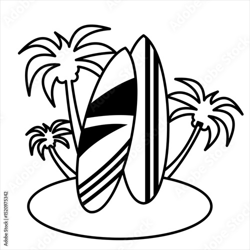 Vector Icon Two surfboards placed on the beach edge,
with tall coconut tree silhouettes behind,
line art style