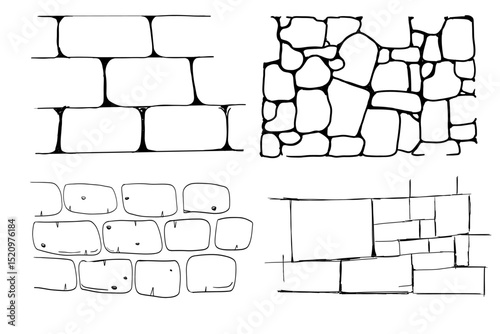 Stone brick line simple doodle wall. Sketch masonry wall. Hand drawn tile path. Outline drawing brick old rubble.