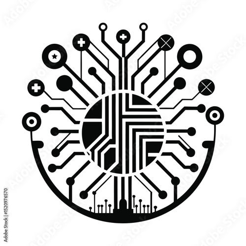 Futuristic circuitry with repeating circuits  Black Silhouette vector Design.