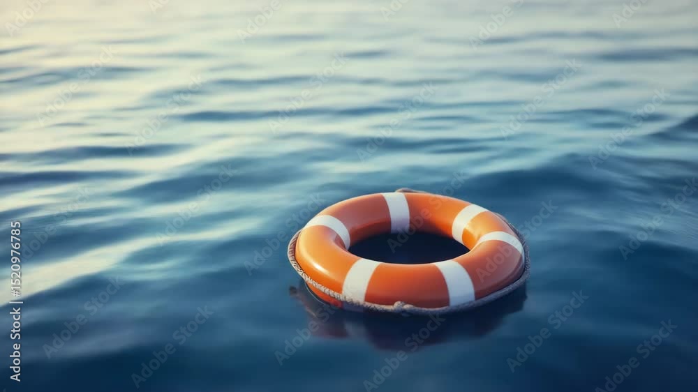 Bright orange and white lifebuoy ring floating on calm ocean water, symbolizing safety, flotation, and rescue in peaceful sea environment with soft light reflection.