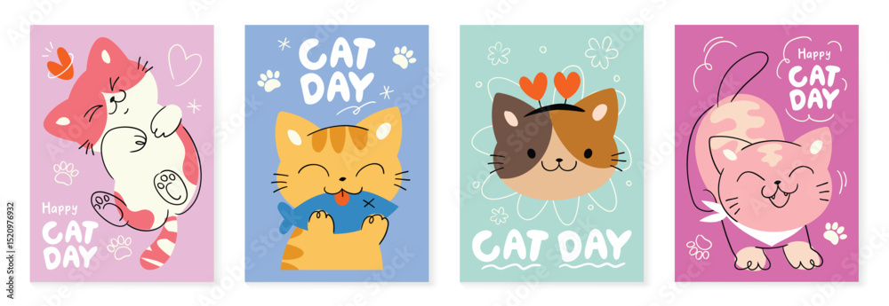 Obraz premium Happy international cat day cover set. Cute cats and funny kitten, paw foot design collection with flat color in different poses. Adorable pet animals illustration for international cat day. 