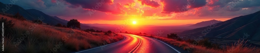 Fototapeta premium A winding road disappearing into a vibrant sunset, symbolizing the exciting possibilities and unknown adventures that lie ahead on life's journey , progress, potential, drive
