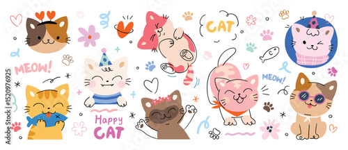 Cute cats and funny kitten doodle vector set. Happy international cat day characters design collection with flat color in different poses. Set of adorable pet animals isolated on white background.