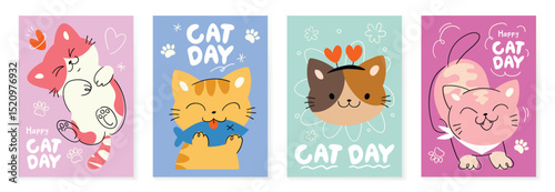 Happy international cat day cover set. Cute cats and funny kitten, paw foot design collection with flat color in different poses. Adorable pet animals illustration for international cat day. 