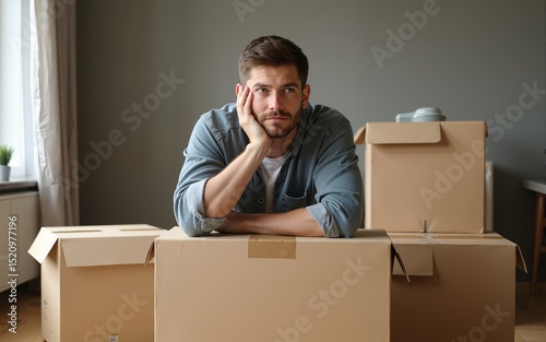 Pensive man leaning on cardboard boxes in new home contemplates moving process. High quality