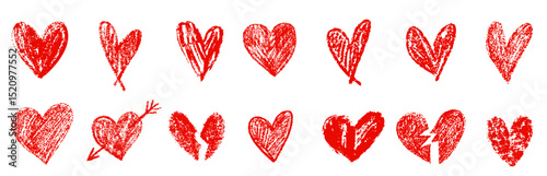 Vector crayon chalk heart sketch doodle illustration set  with broken heart shape. Valentine's Day sticker clipart collection.