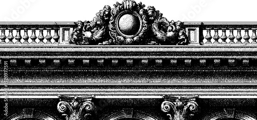 Renaissance revival façade engraving with ornate architectural details for historical design projects