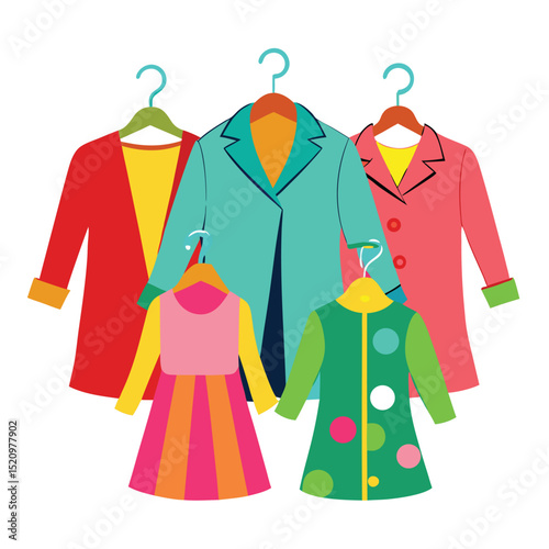 Colorful Cartoon Wardrobe Stylish Coats and Dresses Hanging on Turquoise Hangers Displayed Nicely