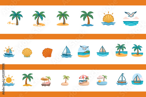 vector icons of beaches, for creating illustrations of beach landscapes, in the design of websites, applications or posters, Tourist projects, Projects with a summer theme, advertising and design.