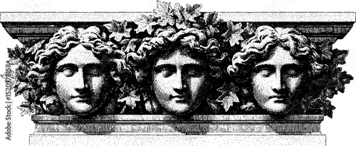 Engraved renaissance revival facade with classical human faces and leaves