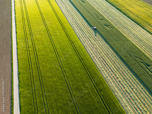 Top down view of a tractor mowing a green field at sunset