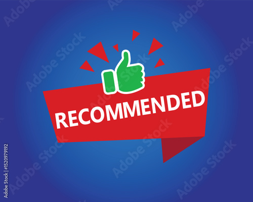 Recommended Label with Thumbs Up Icon – Vector Approval Badge Design, Bright and modern recommended badge featuring a green thumbs-up icon and bold typography.