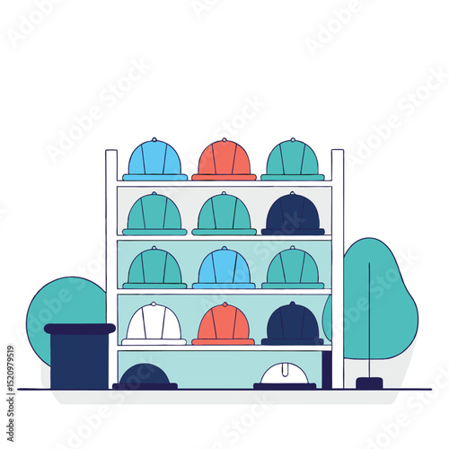 Colorful Hats Displayed on Shelf Rack with Simple Trees Illustration Design