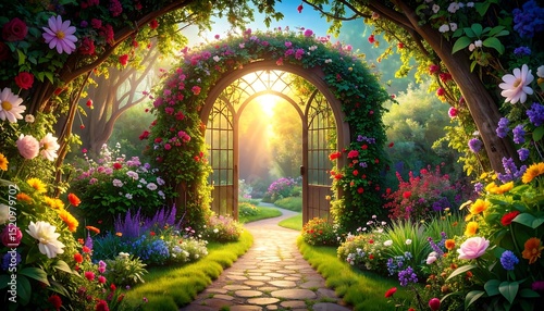 beautiful secret fairytale garden with flower background. dream  dreamy  fairy  fantasy  fog  location  magic  mystery  secret  shine  springtime  way  wedding  foliage  love  sunlight  Generative AI.