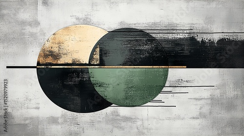 Abstract Wabi-Sabi Geometric Wall Art with Overlapping Textured Circles and Lines