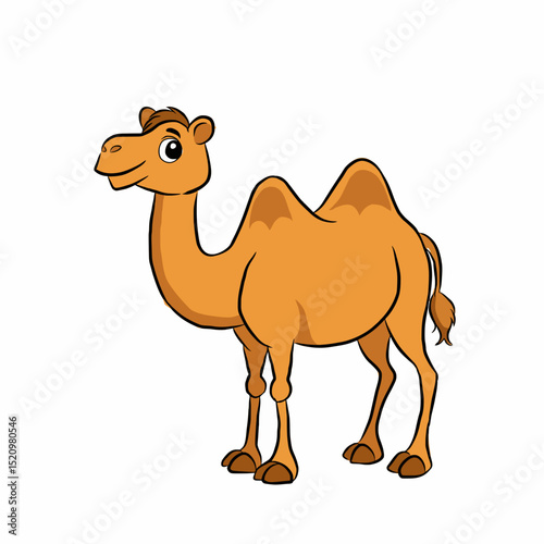 A friendly, brown, two-humped cartoon camel stands smiling