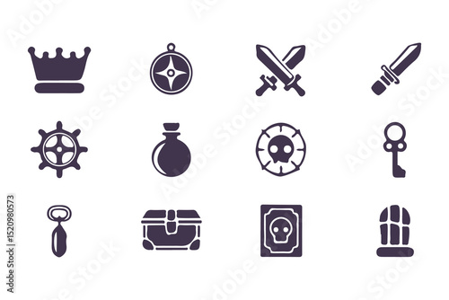 RPG Game Icon Set. Fantasy UI Pictogram Kit with Health Signs, Swords, Potions, Skills, Awards, Knight Weapons and Dungeon Dragon Elements. Vector Illustration