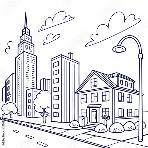 sketch of city street and buildings with clouds