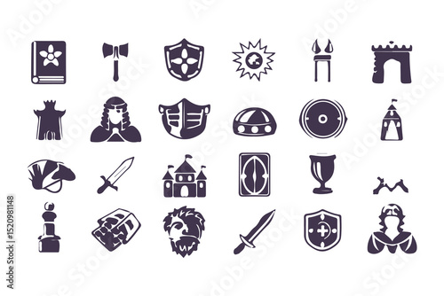 RPG Game Icon Set. Fantasy UI Pictogram Kit with Health Signs, Swords, Potions, Skills, Awards, Knight Weapons and Dungeon Dragon Elements. Vector Illustration