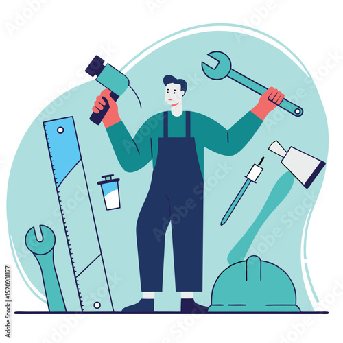 Construction Worker with Tools and Safety Gear Illustration, Vector Style, Modern Design