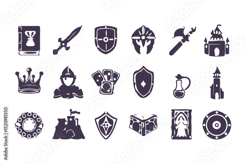 RPG Game Icon Set. Fantasy UI Pictogram Kit with Health Signs, Swords, Potions, Skills, Awards, Knight Weapons and Dungeon Dragon Elements. Vector Illustration