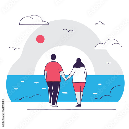 Couple Holding Hands on Beach Silhouette Illustration, Sunset Over Ocean, Peaceful Scene. Flat design