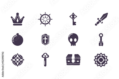 RPG Game Icon Set. Fantasy UI Pictogram Kit with Health Signs, Swords, Potions, Skills, Awards, Knight Weapons and Dungeon Dragon Elements. Vector Illustration