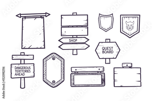 RPG wooden sign and frame set. hand drawn fantasy game UI elements for quests, menus, maps, and adventure role-playing game interfaces. Vector Illustration