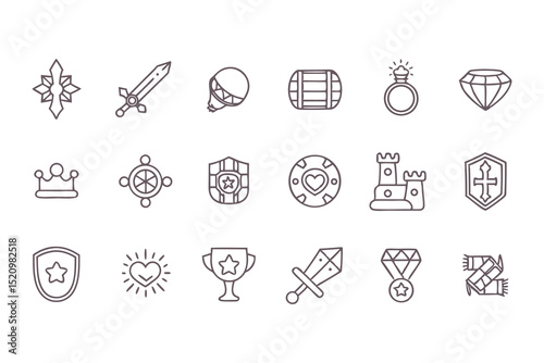 Fantasy RPG Line Icon Set. Vector Icons of Sword, Axe, Shield, Helmet, Bow, Castle, Potion, Spell Book, Scroll, Torch and Diamond Elements. Vector Illustration