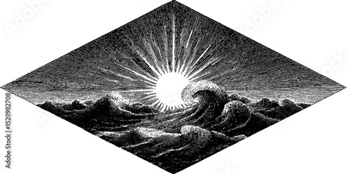 Engraved illustration of stylized waves and geometric sunburst for artistic design