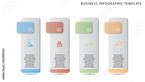 Modern business infographic template with four colorful vertical sections displaying icons and placeholder text for presentation or report design. template is suitable for various professional