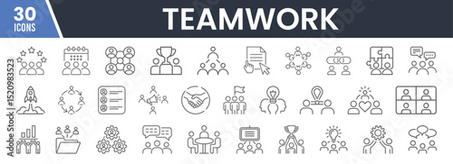 Set of 30 Line Icons Related to Teamwork, Collaboration, Communication, Leadership, Success, Growth, Innovation, Editable Stroke. Vector Illustration