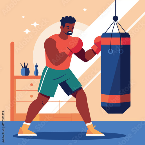 Determined Boxer Punching a Blue Heavy Bag During Training Session Inside Gym
