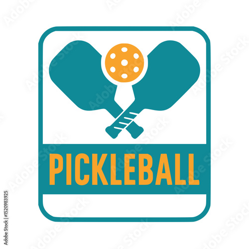 Minimal Pickleball Logo with Paddles and Ball, Clean pickleball logo design featuring two teal paddles, a yellow ball, and bold PICKLEBALL text in a modern layout.

