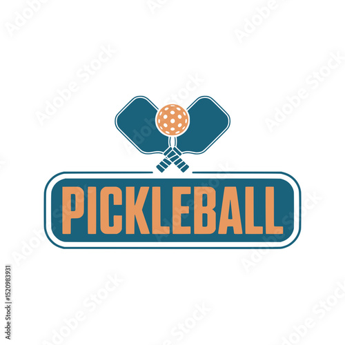 Modern Pickleball Logo with Bold Text, Contemporary pickleball logo featuring crossed paddles and ball above bold orange lettering inside a rounded blue frame.

