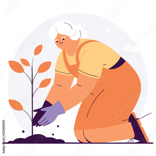 Elderly woman planting tree seedling in her garden with gardening gloves vector illustration