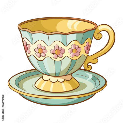 Elegant Cartoon Teacup and Saucer with Floral Design, Isolated on White Background