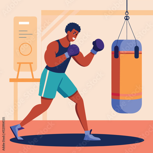 Energetic Boxer Practicing Punching Bag Technique in Gym, Illustration of Athletic Man