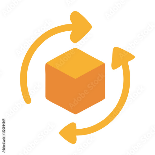 Augmented reality icon: 3D cube with rotation arrows. Represents interactive AR models, 360 view, object manipulation, and immersive tech. Flat vector.