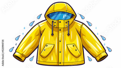 Yellow waterproof rain jacket with hood and snap buttons, neatly arranged on a white surface. A vibrant outerwear essential for rainy day or springtime boy vector themes.