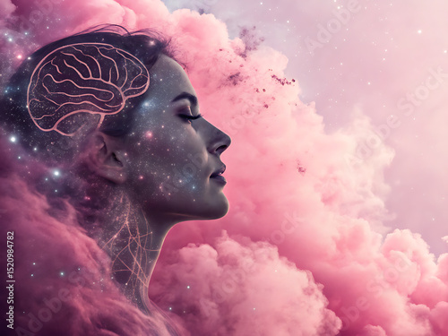 Futuristic woman with brain light effect inside pink dreamy clouds – Mujer futurista con efecto de luz cerebral dentro de nubes rosadas de ensueño

