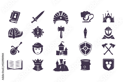 RPG Game Icon Set. Fantasy UI Pictogram Kit with Health Signs, Swords, Potions, Skills, Awards, Knight Weapons and Dungeon Dragon Elements. Vector Illustration
