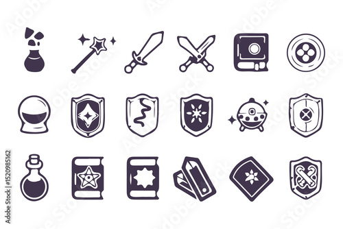 RPG Game Icon Set. Fantasy UI Pictogram Kit with Health Signs, Swords, Potions, Skills, Awards, Knight Weapons and Dungeon Dragon Elements. Vector Illustration