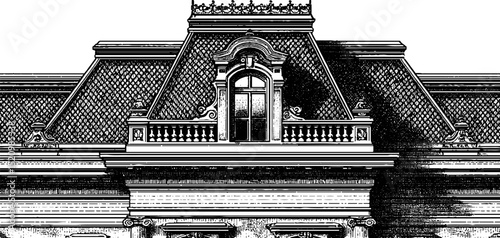Intricate victorian facade engraving with decorative architectural details