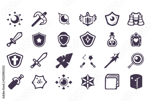 RPG Game Icon Set. Fantasy UI Pictogram Kit with Health Signs, Swords, Potions, Skills, Awards, Knight Weapons and Dungeon Dragon Elements. Vector Illustration