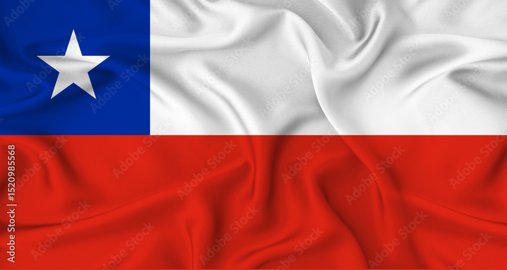 Naklejka premium Realistic Chile flag waving. Close up of flag of Chile with cloth texture