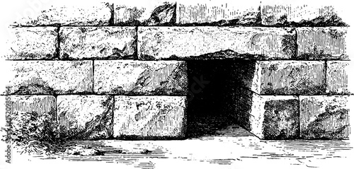 Detailed engraved illustration of ancient stone wall structure with passage